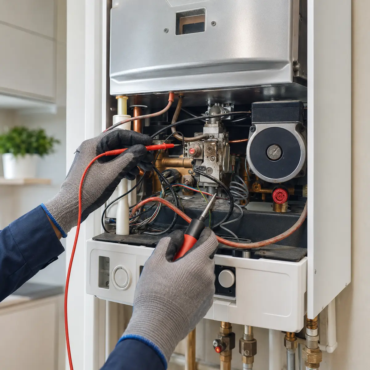 Technician diagnosing an open wall-hung gas boiler